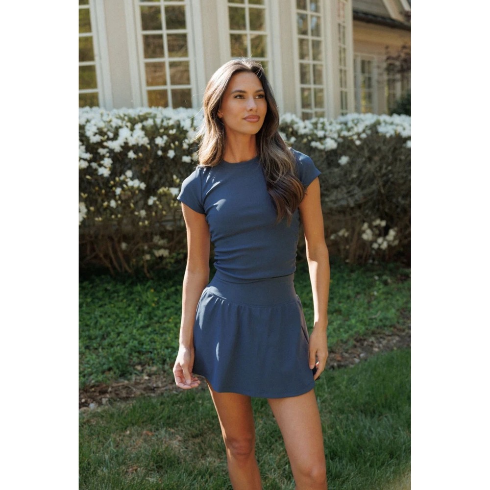 Salt Project L Navy Blue Charcoal Ribbed Cinch Baby Tee Yoga Active Crop Top